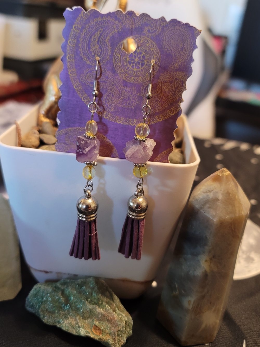 🔥3 For $20 Handmade Purple Tassel Dangle Earrings, Amethyst and Citrine Beads